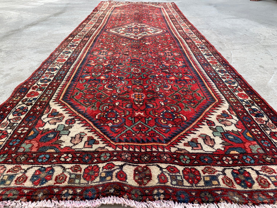Hand-Knotted Persian Runner Rug 10'4 x 3'6 Red Ivory Wool Rug | KBHM-1124