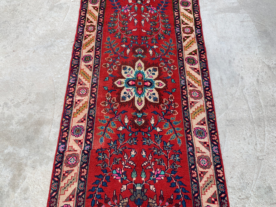 10'7 x 3'1 Hand-Knotted Persian Wool Runner Rug in Red, Ivory, Blue & Pink Traditional Floral Medallion Design | KBHM-1126
