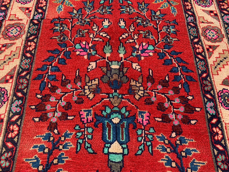 10'7 x 3'1 Hand-Knotted Persian Wool Runner Rug in Red, Ivory, Blue & Pink Traditional Floral Medallion Design | KBHM-1126