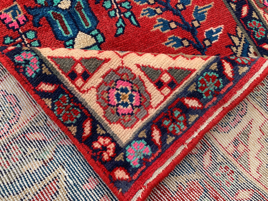 10'7 x 3'1 Hand-Knotted Persian Wool Runner Rug in Red, Ivory, Blue & Pink Traditional Floral Medallion Design | KBHM-1126