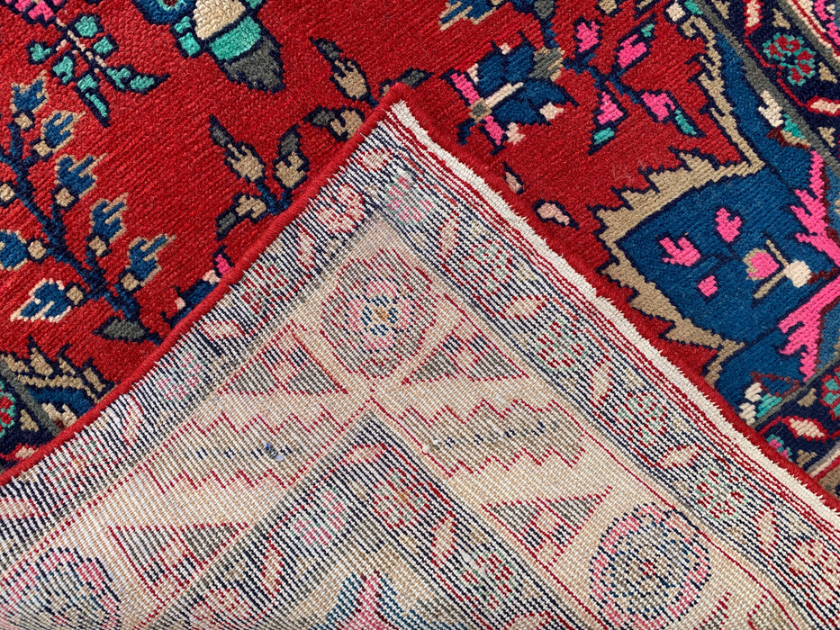 10'7 x 3'1 Hand-Knotted Persian Wool Runner Rug in Red, Ivory, Blue & Pink Traditional Floral Medallion Design | KBHM-1126