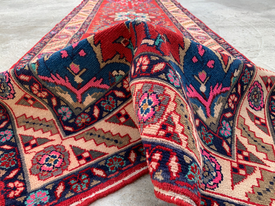 10'7 x 3'1 Hand-Knotted Persian Wool Runner Rug in Red, Ivory, Blue & Pink Traditional Floral Medallion Design | KBHM-1126