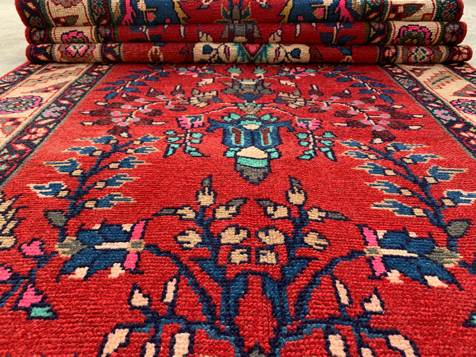 10'7 x 3'1 Hand-Knotted Persian Wool Runner Rug in Red, Ivory, Blue & Pink Traditional Floral Medallion Design | KBHM-1126