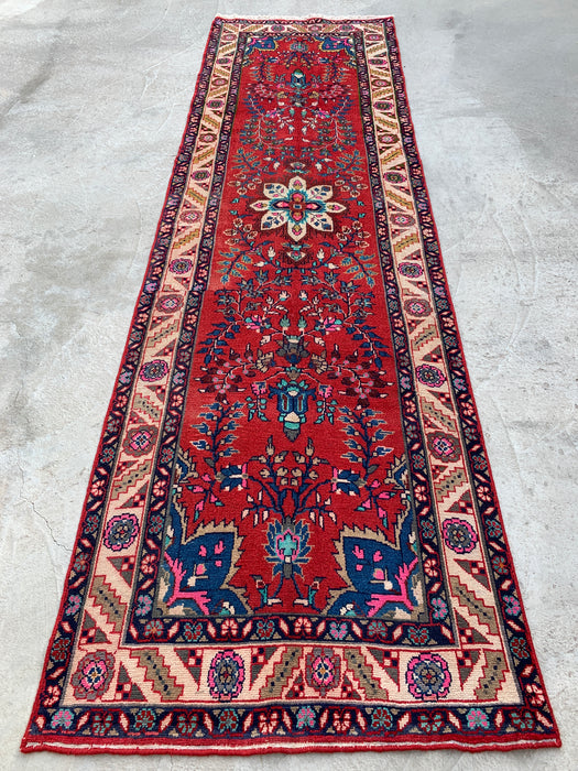 10'7 x 3'1 Hand-Knotted Persian Wool Runner Rug in Red, Ivory, Blue & Pink Traditional Floral Medallion Design | KBHM-1126