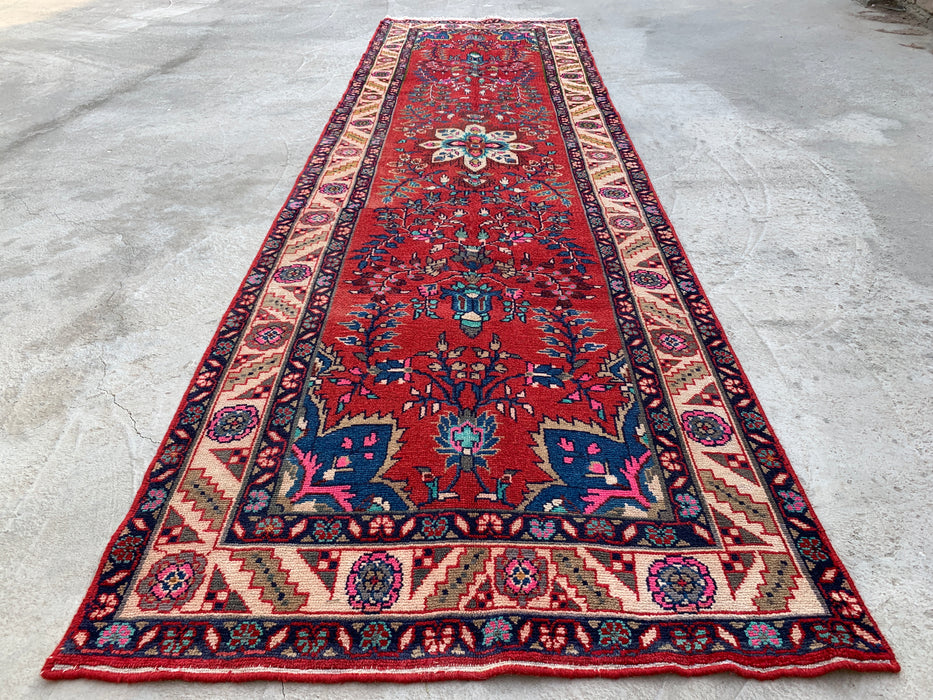 10'7 x 3'1 Hand-Knotted Persian Wool Runner Rug in Red, Ivory, Blue & Pink Traditional Floral Medallion Design | KBHM-1126