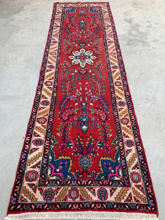 10'7 x 3'1 Hand-Knotted Persian Wool Runner Rug in Red, Ivory, Blue & Pink Traditional Floral Medallion Design | KBHM-1126