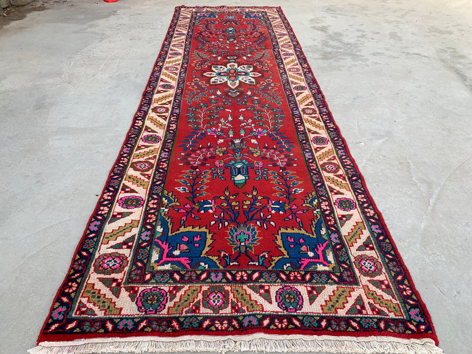 10'7 x 3'1 Hand-Knotted Persian Wool Runner Rug in Red, Ivory, Blue & Pink Traditional Floral Medallion Design | KBHM-1126
