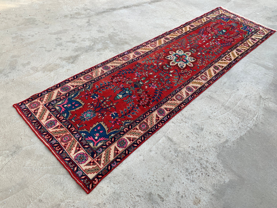 10'7 x 3'1 Hand-Knotted Persian Wool Runner Rug in Red, Ivory, Blue & Pink Traditional Floral Medallion Design | KBHM-1126