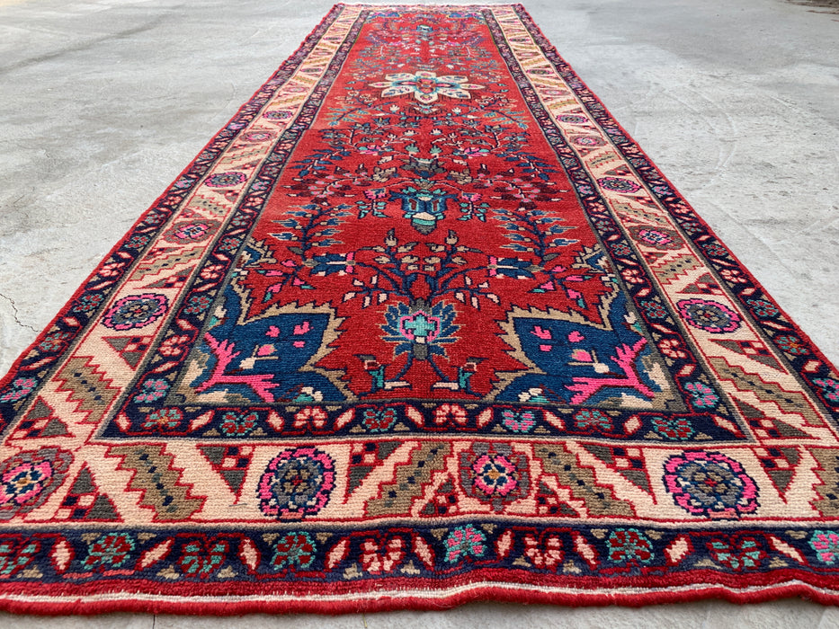10'7 x 3'1 Hand-Knotted Persian Wool Runner Rug in Red, Ivory, Blue & Pink Traditional Floral Medallion Design | KBHM-1126