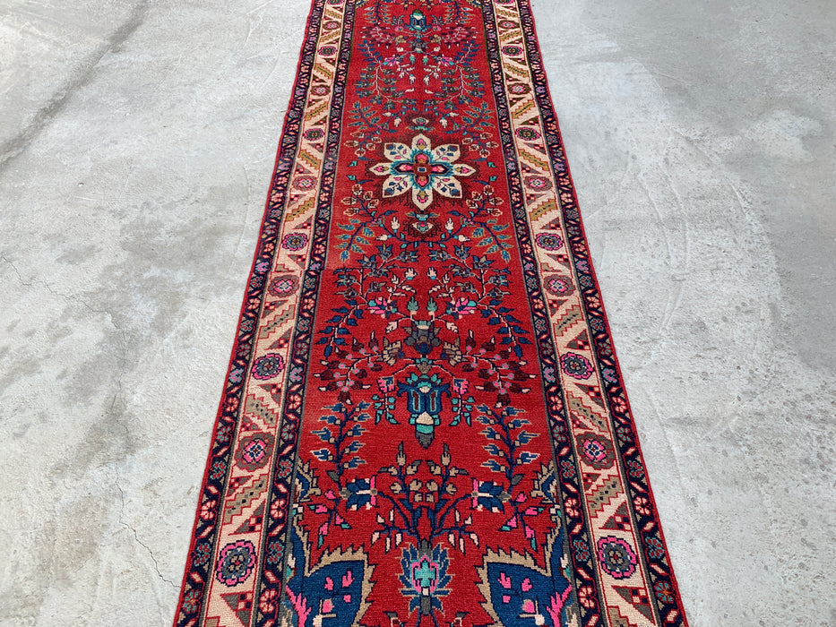 10'7 x 3'1 Hand-Knotted Persian Wool Runner Rug in Red, Ivory, Blue & Pink Traditional Floral Medallion Design | KBHM-1126