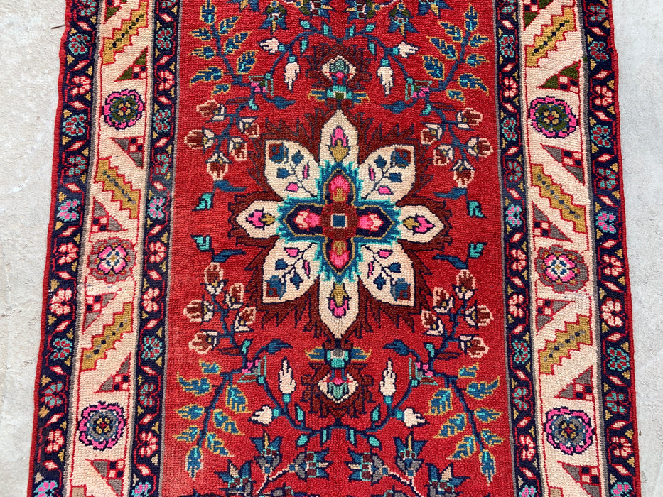 10'7 x 3'1 Hand-Knotted Persian Wool Runner Rug in Red, Ivory, Blue & Pink Traditional Floral Medallion Design | KBHM-1126