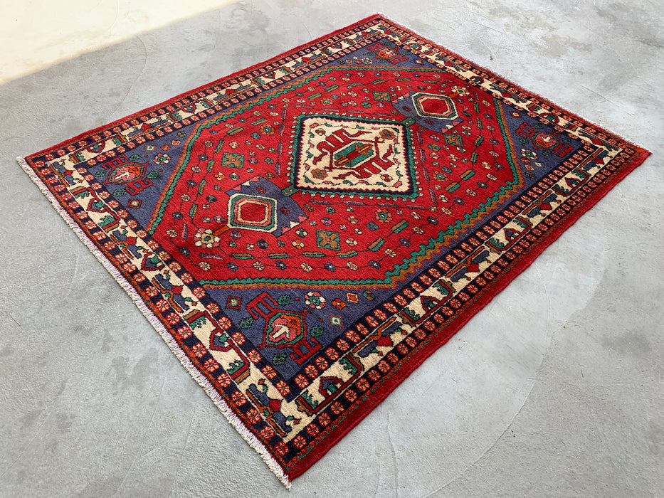 Hand-Knotted Persian Wool Rug 6'6 x 5'3 Red Tribal Medallion Area Rug - kbhm-1128