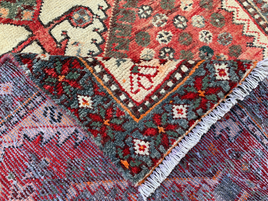 KBHM-1129 Hand-Knotted Persian Wool Runner Rug – 10'1" x 3'3" Red, Ivory & Blue Tribal Medallion Runner