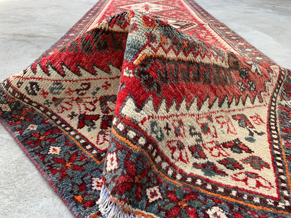 KBHM-1129 Hand-Knotted Persian Wool Runner Rug – 10'1" x 3'3" Red, Ivory & Blue Tribal Medallion Runner