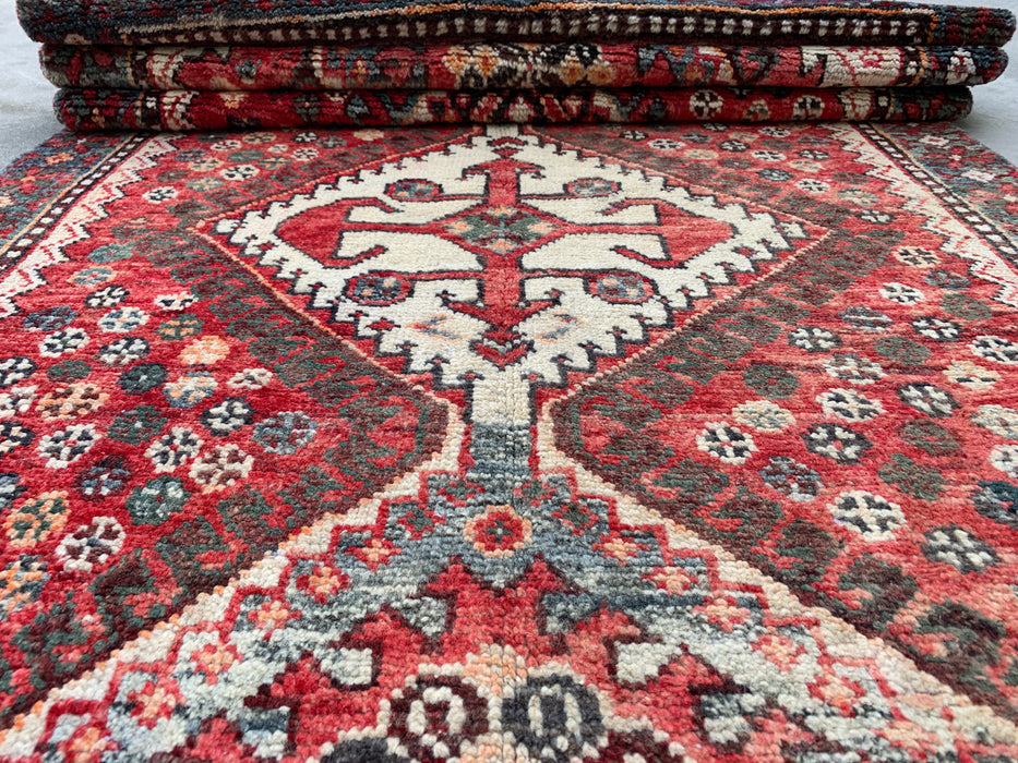 KBHM-1129 Hand-Knotted Persian Wool Runner Rug – 10'1" x 3'3" Red, Ivory & Blue Tribal Medallion Runner