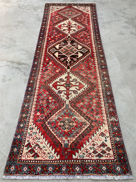 KBHM-1129 Hand-Knotted Persian Wool Runner Rug – 10'1" x 3'3" Red, Ivory & Blue Tribal Medallion Runner