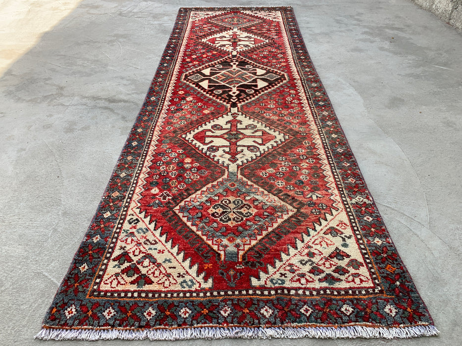 KBHM-1129 Hand-Knotted Persian Wool Runner Rug – 10'1" x 3'3" Red, Ivory & Blue Tribal Medallion Runner
