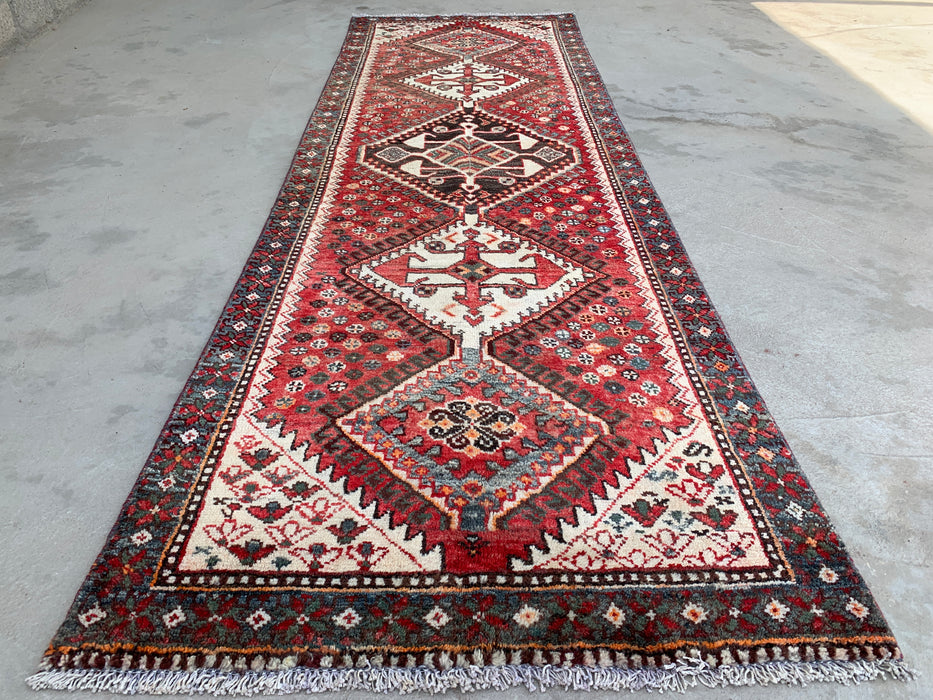 KBHM-1129 Hand-Knotted Persian Wool Runner Rug – 10'1" x 3'3" Red, Ivory & Blue Tribal Medallion Runner