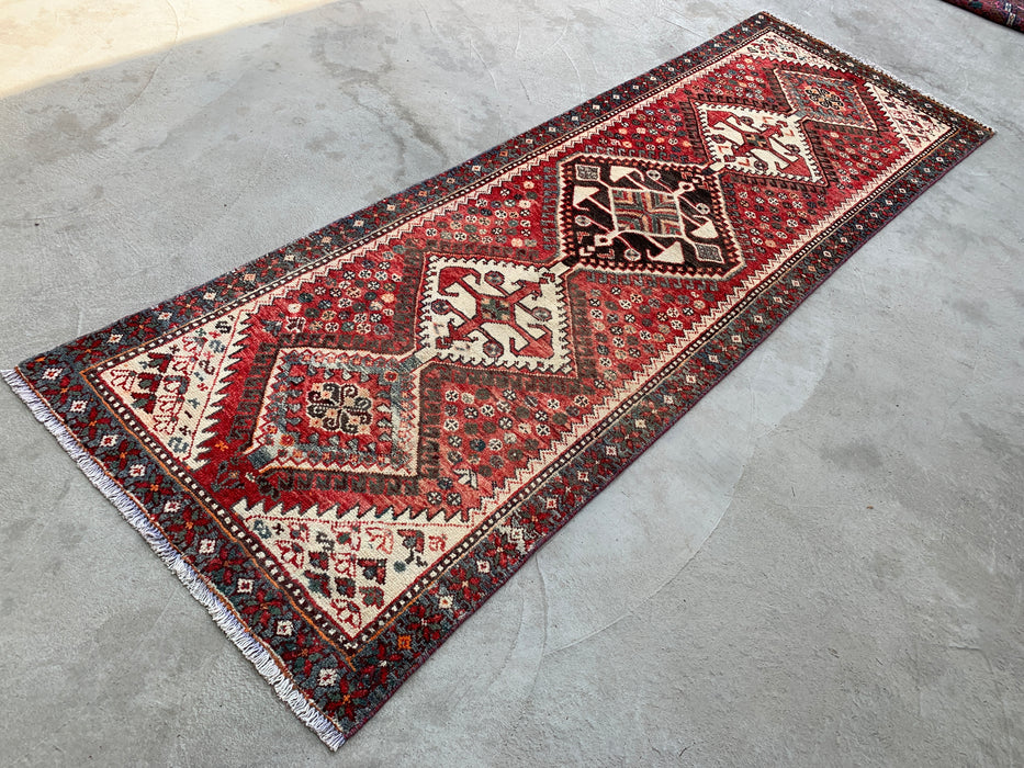 KBHM-1129 Hand-Knotted Persian Wool Runner Rug – 10'1" x 3'3" Red, Ivory & Blue Tribal Medallion Runner