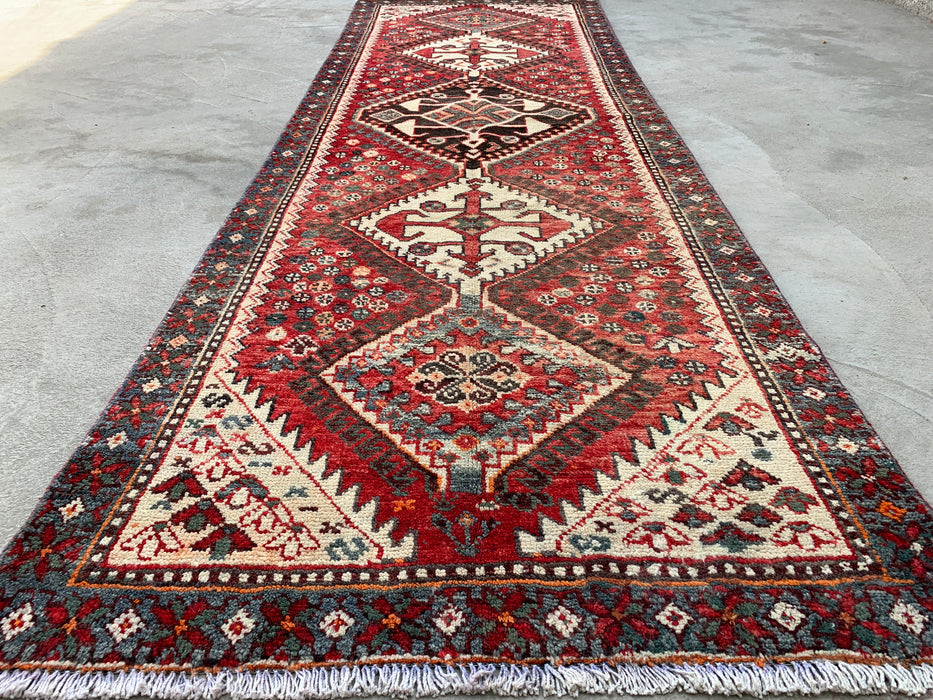 KBHM-1129 Hand-Knotted Persian Wool Runner Rug – 10'1" x 3'3" Red, Ivory & Blue Tribal Medallion Runner