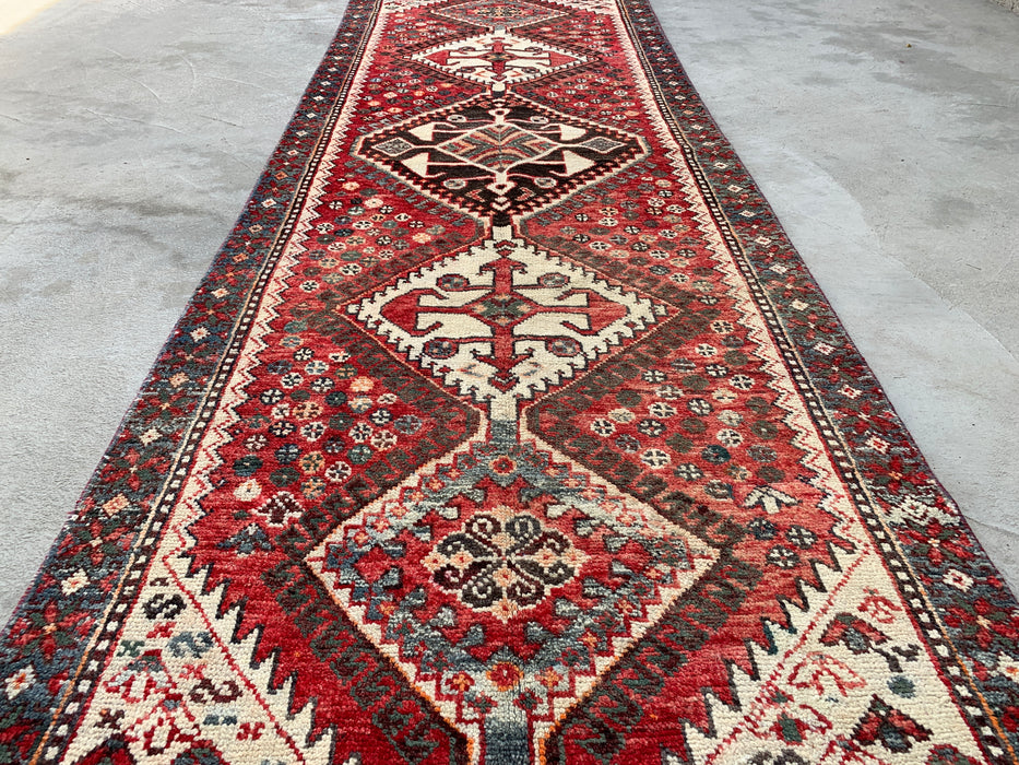 KBHM-1129 Hand-Knotted Persian Wool Runner Rug – 10'1" x 3'3" Red, Ivory & Blue Tribal Medallion Runner
