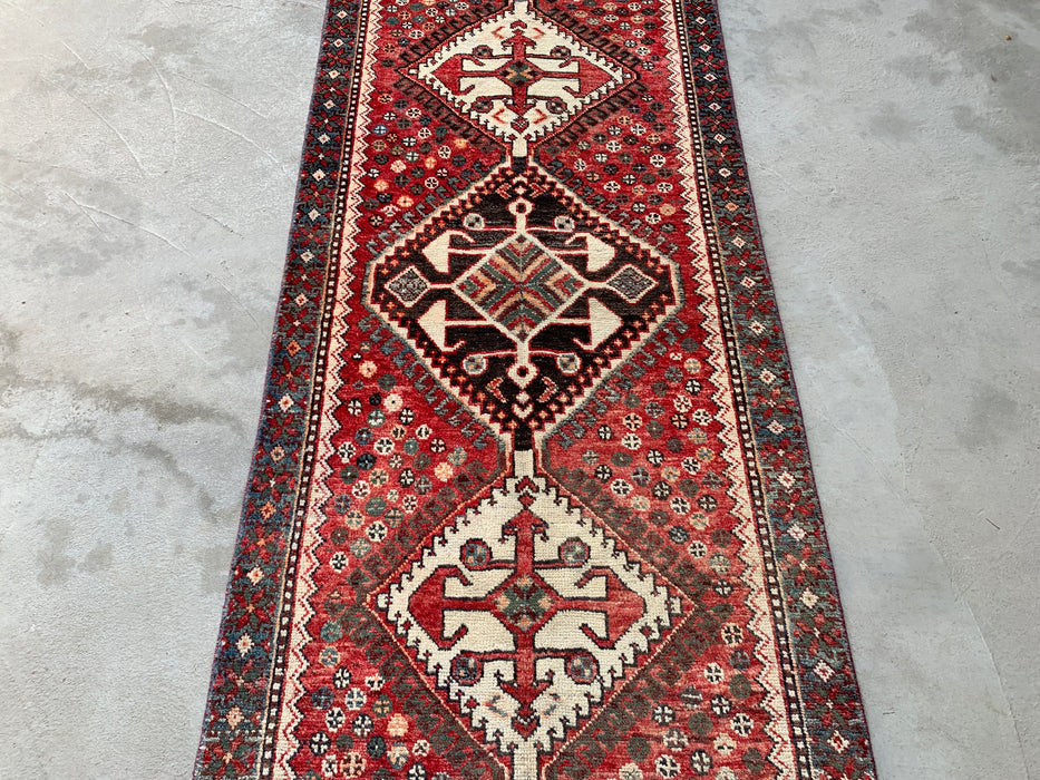 KBHM-1129 Hand-Knotted Persian Wool Runner Rug – 10'1" x 3'3" Red, Ivory & Blue Tribal Medallion Runner