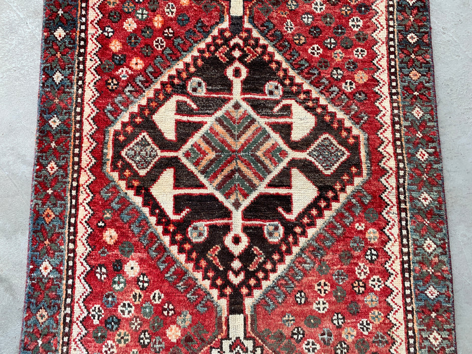KBHM-1129 Hand-Knotted Persian Wool Runner Rug – 10'1" x 3'3" Red, Ivory & Blue Tribal Medallion Runner