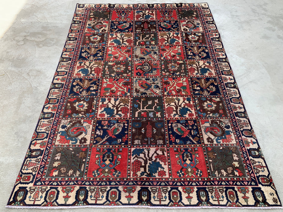Handmade Persian Wool Area Rug 7x10 - Ivory, Navy, Red & Blue Traditional Garden Panel Persian Style Rug - Exact Size 9'5" x 6'5" - KBHM-1131