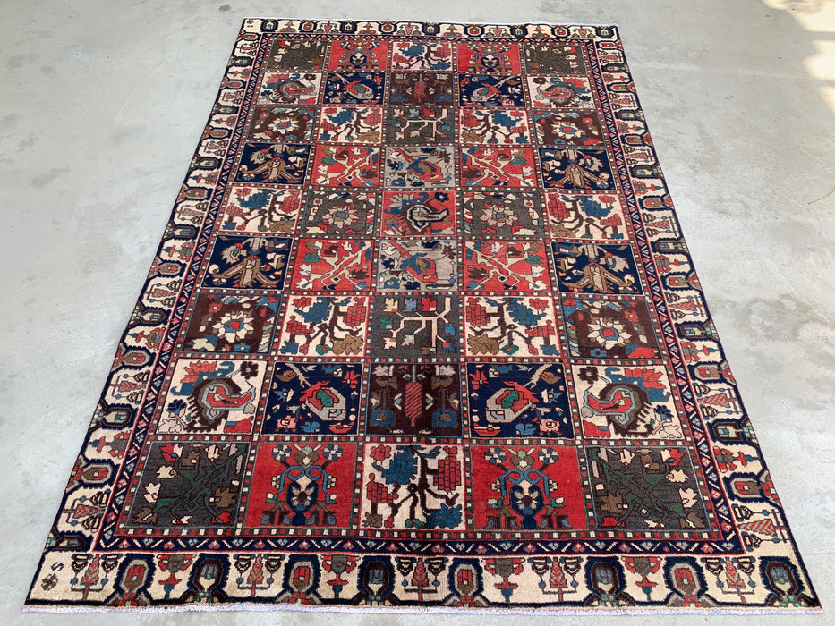 Handmade Persian Wool Area Rug 7x10 - Ivory, Navy, Red & Blue Traditional Garden Panel Persian Style Rug - Exact Size 9'5" x 6'5" - KBHM-1131