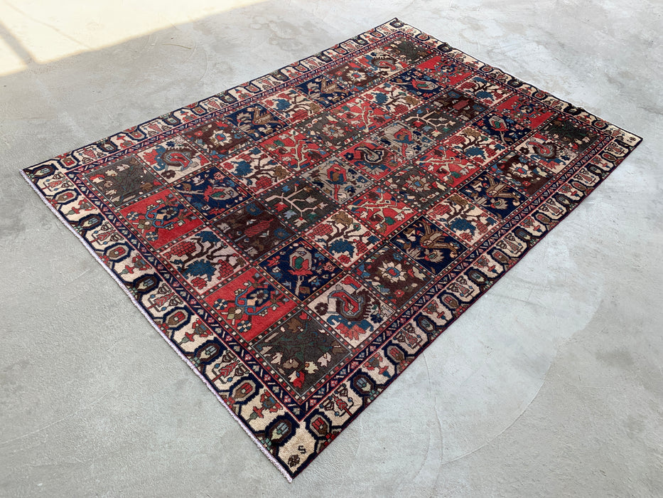Handmade Persian Wool Area Rug 7x10 - Ivory, Navy, Red & Blue Traditional Garden Panel Persian Style Rug - Exact Size 9'5" x 6'5" - KBHM-1131