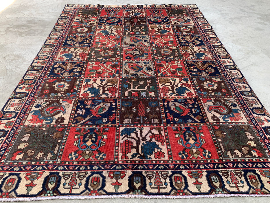 Handmade Persian Wool Area Rug 7x10 - Ivory, Navy, Red & Blue Traditional Garden Panel Persian Style Rug - Exact Size 9'5" x 6'5" - KBHM-1131