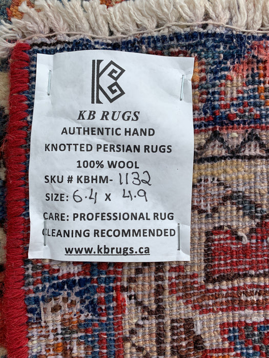 Hand-Knotted Persian Wool Rug 6'4 x 4'9 in Salmon, Ivory & Blue Tribal Medallion Design | KBHM-1132