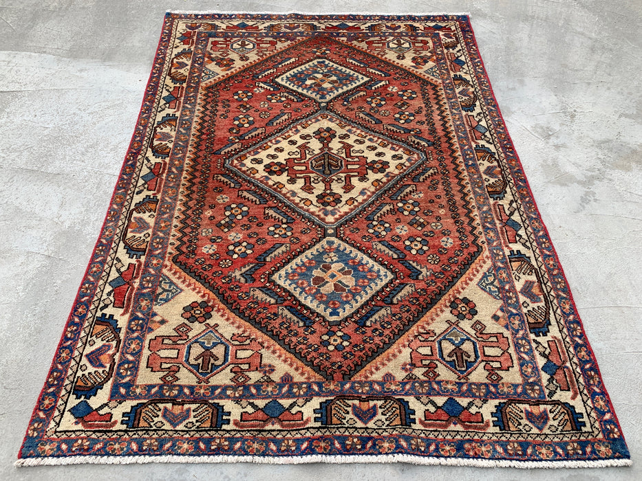Hand-Knotted Persian Wool Rug 6'4 x 4'9 in Salmon, Ivory & Blue Tribal Medallion Design | KBHM-1132
