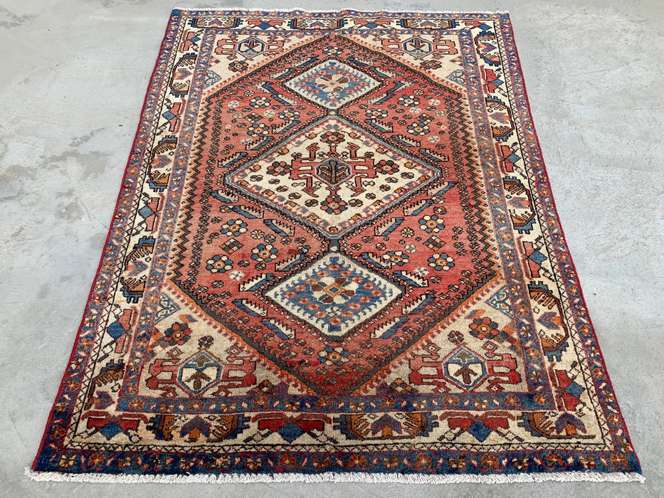 Hand-Knotted Persian Wool Rug 6'4 x 4'9 in Salmon, Ivory & Blue Tribal Medallion Design | KBHM-1132
