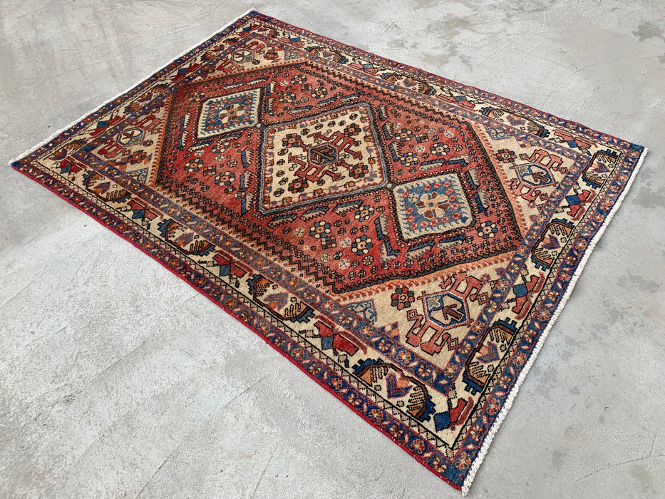 Hand-Knotted Persian Wool Rug 6'4 x 4'9 in Salmon, Ivory & Blue Tribal Medallion Design | KBHM-1132