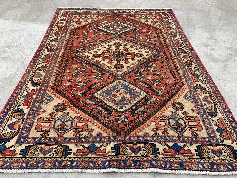 Hand-Knotted Persian Wool Rug 6'4 x 4'9 in Salmon, Ivory & Blue Tribal Medallion Design | KBHM-1132