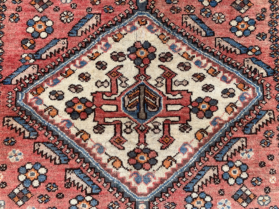 Hand-Knotted Persian Wool Rug 6'4 x 4'9 in Salmon, Ivory & Blue Tribal Medallion Design | KBHM-1132