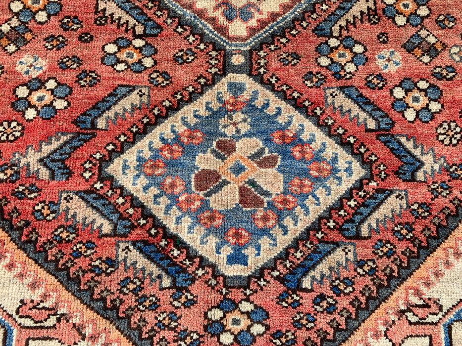 Hand-Knotted Persian Wool Rug 6'4 x 4'9 in Salmon, Ivory & Blue Tribal Medallion Design | KBHM-1132