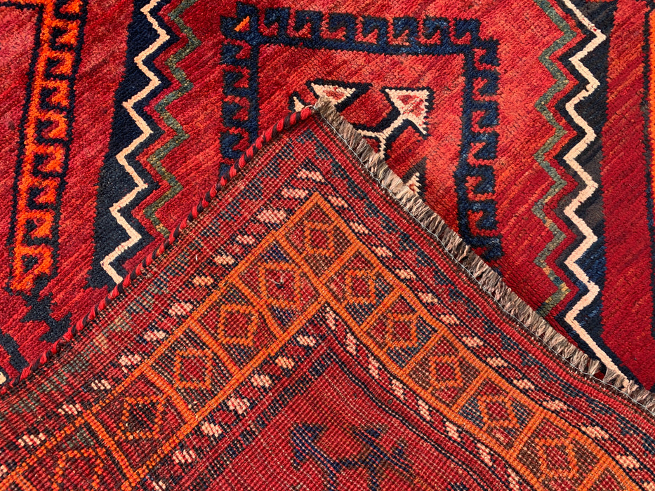 KBHM-1135 Hand-Knotted Persian Wool Rug – 9'9" x 4'7" Red, Navy & Orange Tribal Geometric Rug