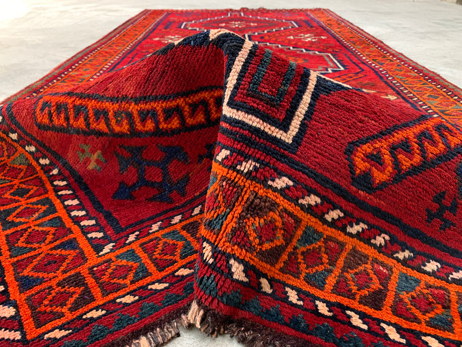 KBHM-1135 Hand-Knotted Persian Wool Rug – 9'9" x 4'7" Red, Navy & Orange Tribal Geometric Rug
