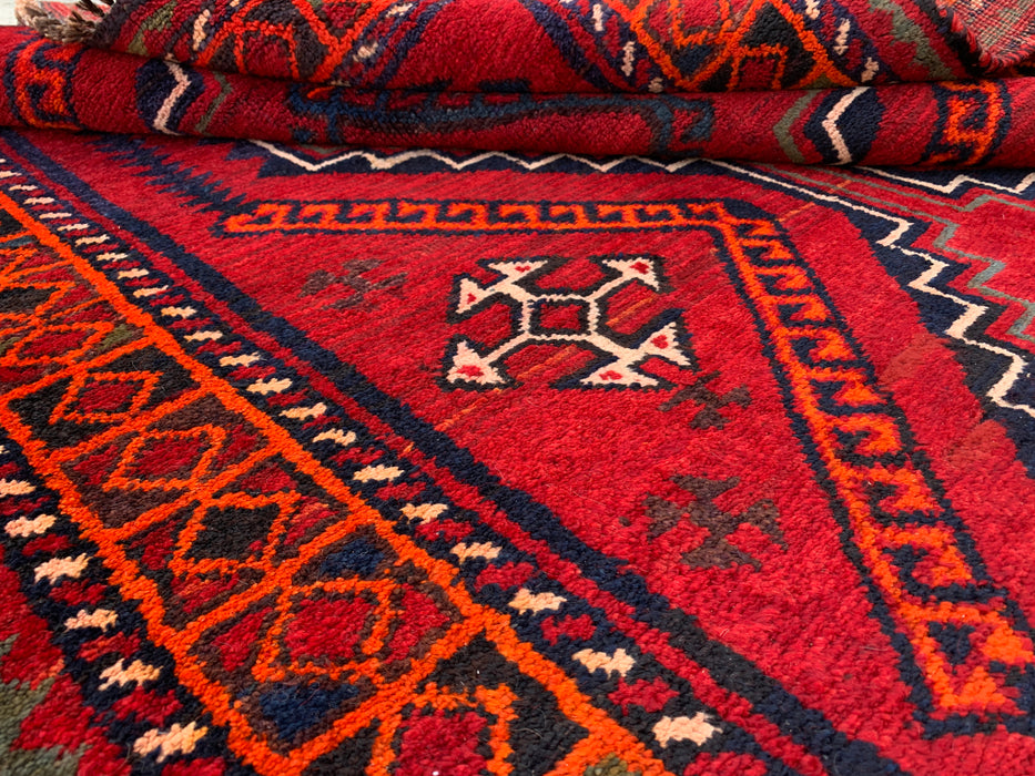 KBHM-1135 Hand-Knotted Persian Wool Rug – 9'9" x 4'7" Red, Navy & Orange Tribal Geometric Rug