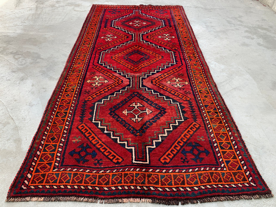 KBHM-1135 Hand-Knotted Persian Wool Rug – 9'9" x 4'7" Red, Navy & Orange Tribal Geometric Rug