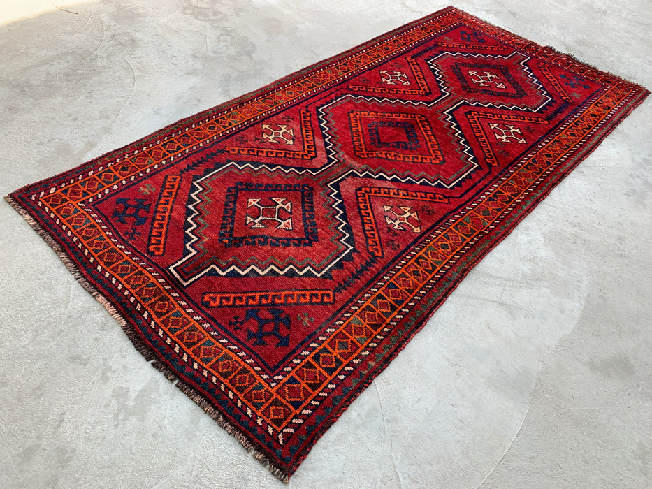 KBHM-1135 Hand-Knotted Persian Wool Rug – 9'9" x 4'7" Red, Navy & Orange Tribal Geometric Rug