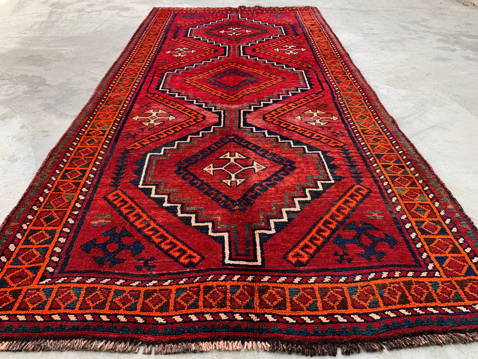 KBHM-1135 Hand-Knotted Persian Wool Rug – 9'9" x 4'7" Red, Navy & Orange Tribal Geometric Rug