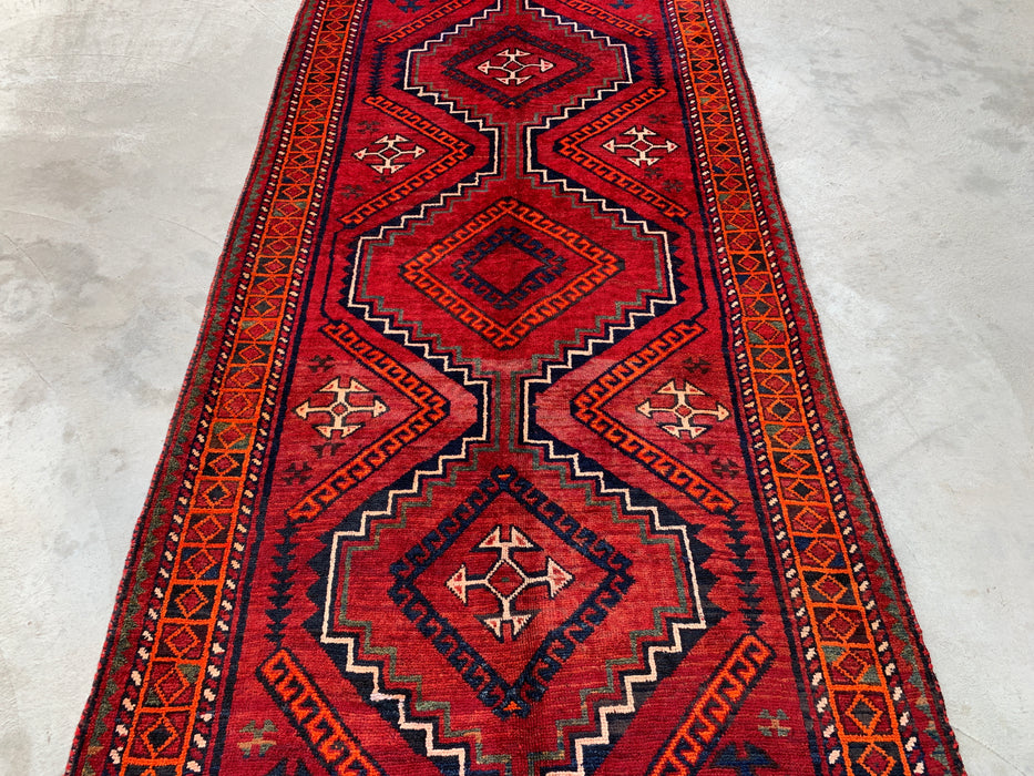 KBHM-1135 Hand-Knotted Persian Wool Rug – 9'9" x 4'7" Red, Navy & Orange Tribal Geometric Rug