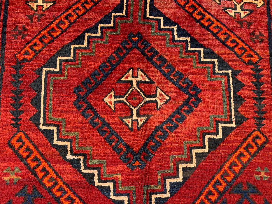 KBHM-1135 Hand-Knotted Persian Wool Rug – 9'9" x 4'7" Red, Navy & Orange Tribal Geometric Rug
