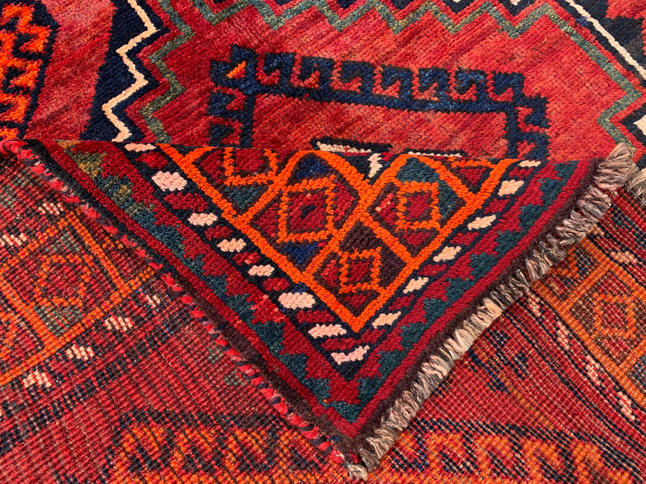 KBHM-1135 Hand-Knotted Persian Wool Rug – 9'9" x 4'7" Red, Navy & Orange Tribal Geometric Rug