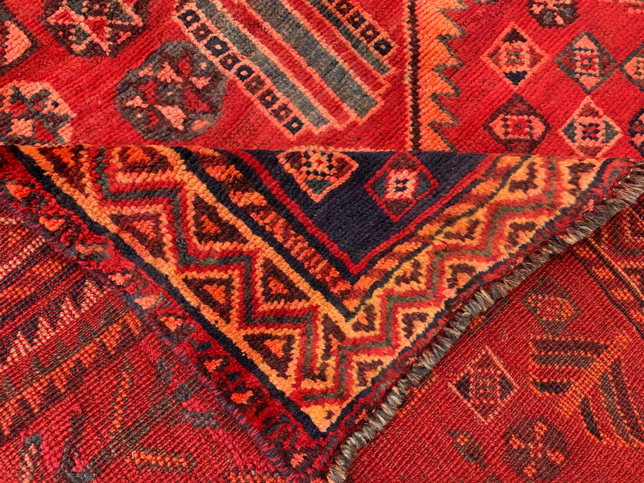 KBHM-1142 Hand-Knotted Persian Wool Rug – 8'7" x 4'11" Red, Rust & Navy Tribal Geometric Area Rug