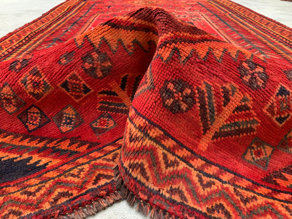 KBHM-1142 Hand-Knotted Persian Wool Rug – 8'7" x 4'11" Red, Rust & Navy Tribal Geometric Area Rug
