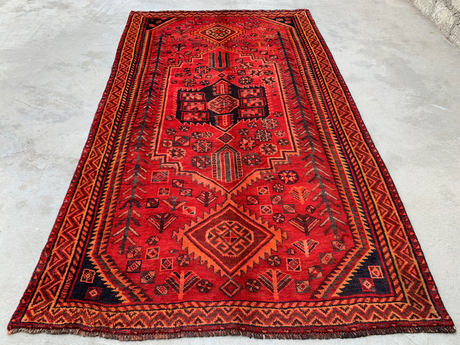 KBHM-1142 Hand-Knotted Persian Wool Rug – 8'7" x 4'11" Red, Rust & Navy Tribal Geometric Area Rug